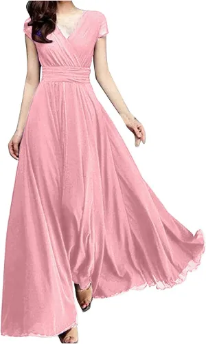 Womens Bridesmaid Dress Wrap V-Neck Cap Sleeve Sleeveless A Line Chiffon Floor Length Evening Gowns Formal Dresses Pink, 5X-Large