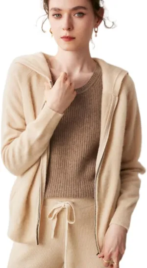 Women's Cashmere Lightweight Long Sleeves Zip-Up Hoodie Sweater