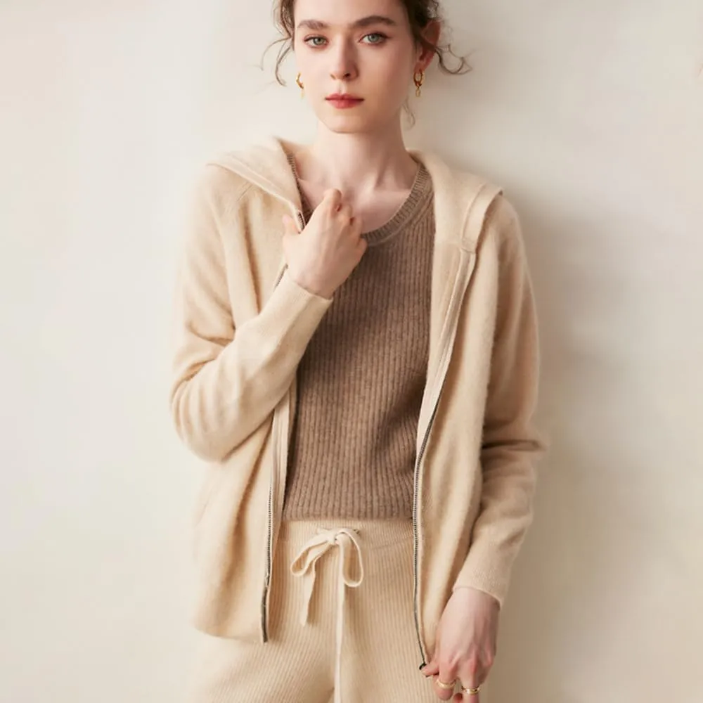 Women's Cashmere Lightweight Long Sleeves Zip-Up Hoodie Sweater