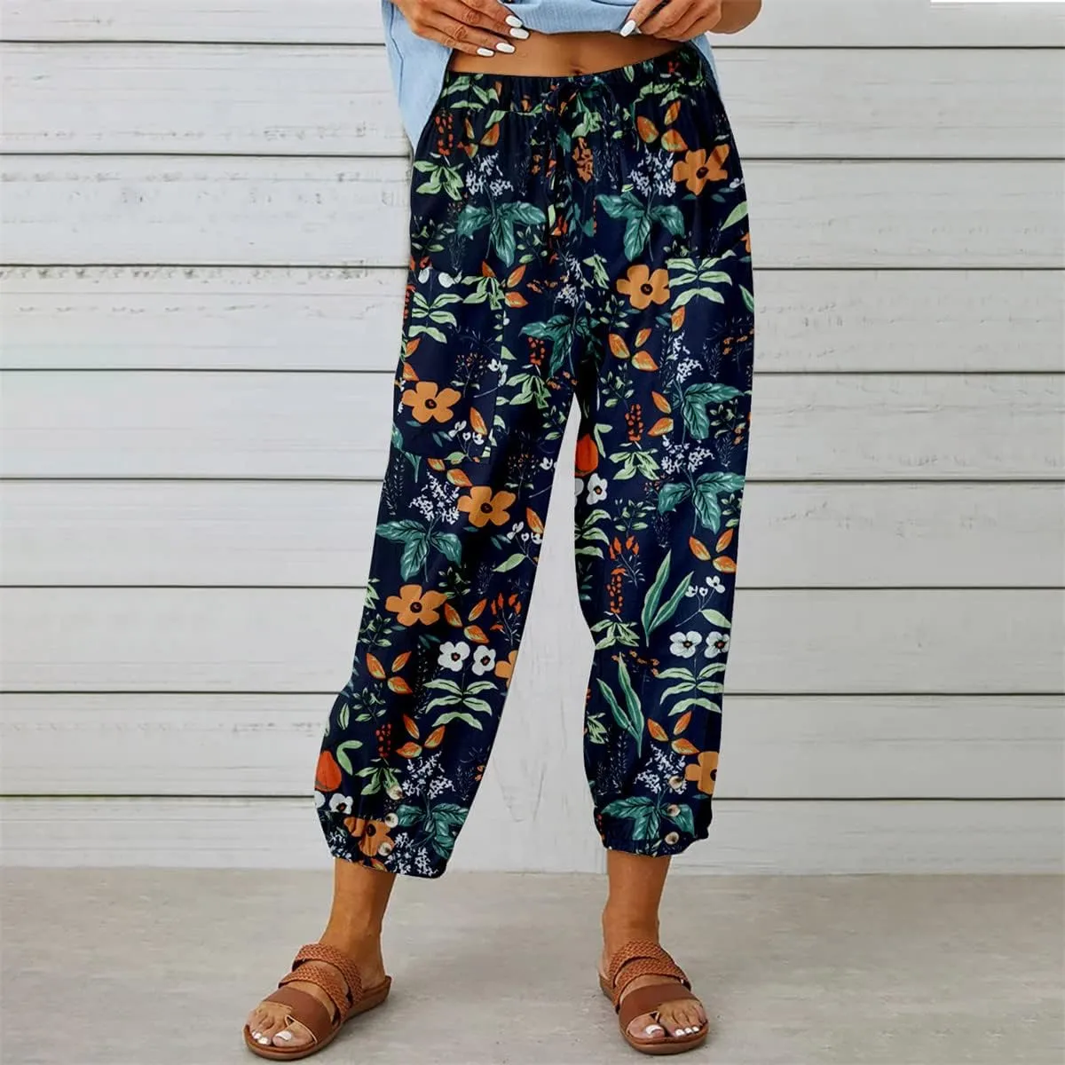 Womens Casual High Waist Boho Cotton Linen Pants Summer Floral Harem Pants Long Trousers with Pockets