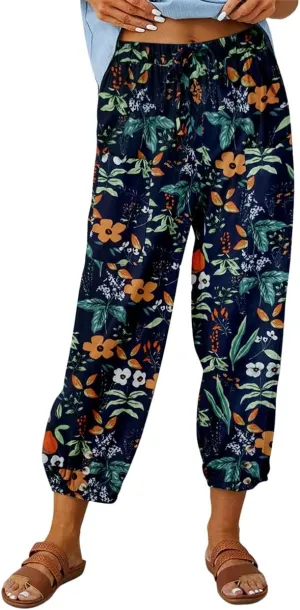 Womens Casual High Waist Boho Cotton Linen Pants Summer Floral Harem Pants Long Trousers with Pockets