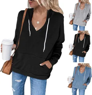 Women's Casual Lightweight Hoodies Long Sleeve v Neck Drawstring Hooded Sweatshirts Loose Pullovers With Pocket