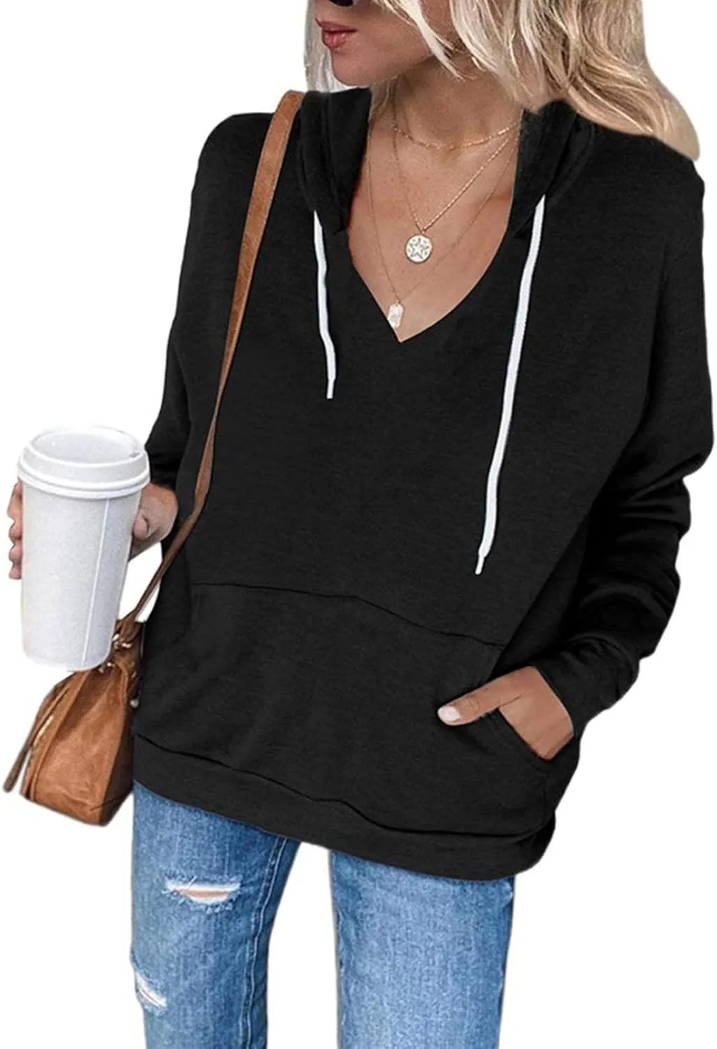 Women's Casual Lightweight Hoodies Long Sleeve v Neck Drawstring Hooded Sweatshirts Loose Pullovers With Pocket