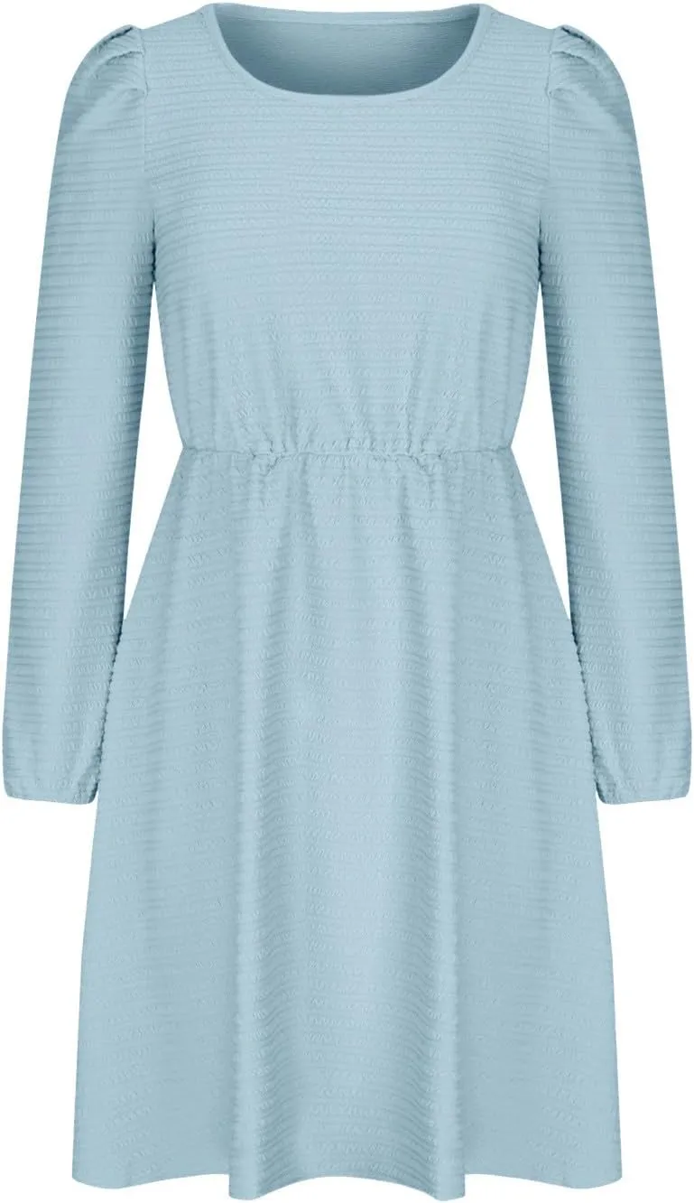 Women's Casual Pleated Tiered A Line Dress Long Sleeve Crewneck Swing Ruffle Mini Dress Solid Fall Trendy Dresses