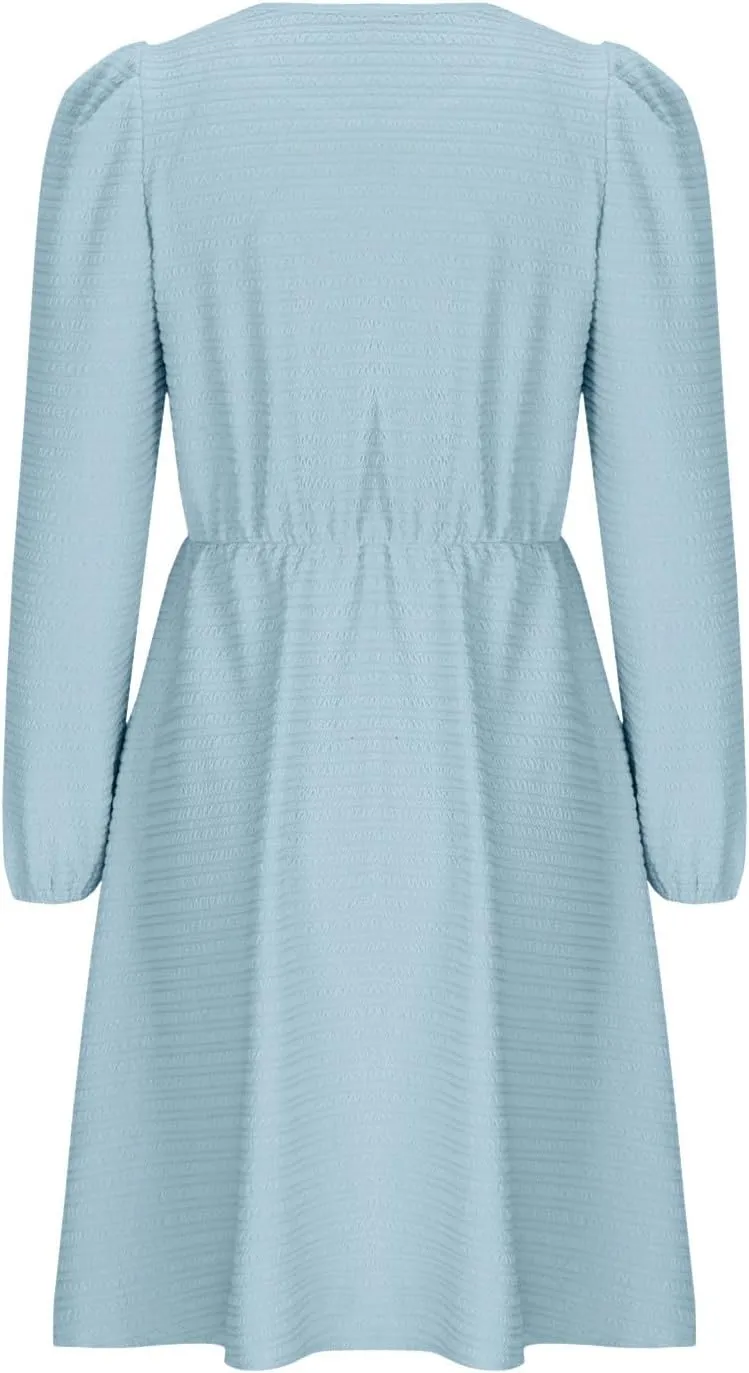 Women's Casual Pleated Tiered A Line Dress Long Sleeve Crewneck Swing Ruffle Mini Dress Solid Fall Trendy Dresses