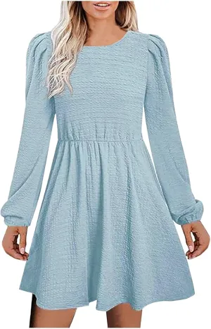 Women's Casual Pleated Tiered A Line Dress Long Sleeve Crewneck Swing Ruffle Mini Dress Solid Fall Trendy Dresses