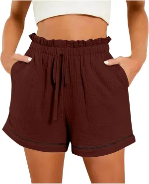 Womens Casual Shorts Cotton High Waist 2024 Solid Color Beach Cruise Shorts Comfy Loose Fit Summer Lounge Pants with Pockets