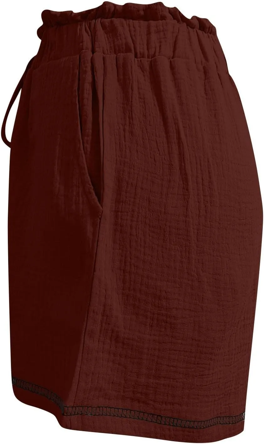 Womens Casual Shorts Cotton High Waist 2024 Solid Color Beach Cruise Shorts Comfy Loose Fit Summer Lounge Pants with Pockets