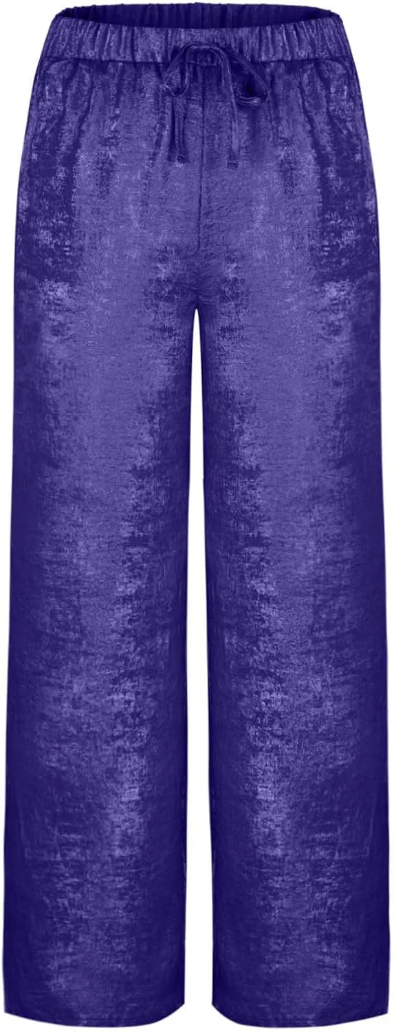 Womens Casual Velvet Palazzo Pants Summer Trendy Wide Leg Pants Elastic High Waist Drawstring Trousers with Pockets