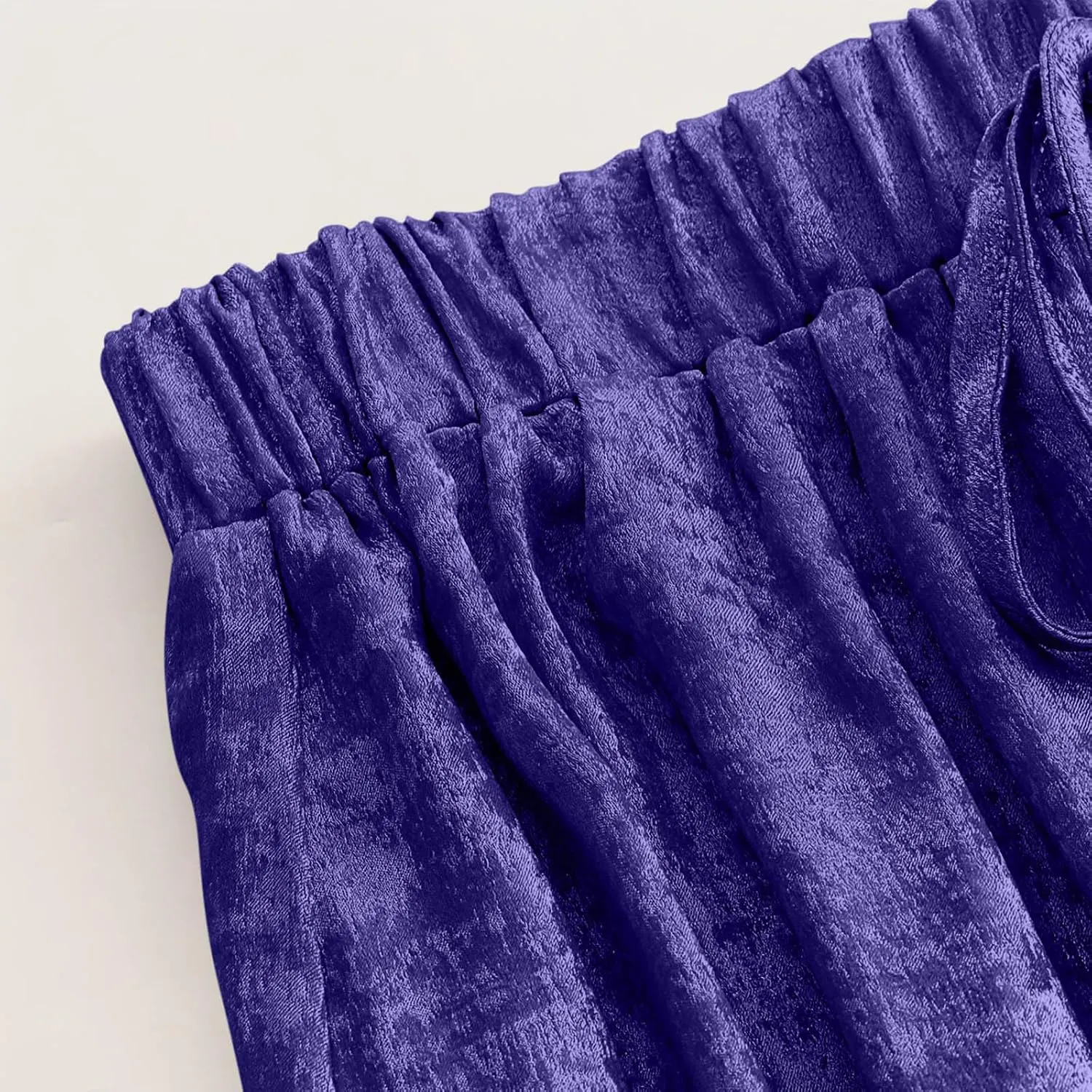Womens Casual Velvet Palazzo Pants Summer Trendy Wide Leg Pants Elastic High Waist Drawstring Trousers with Pockets