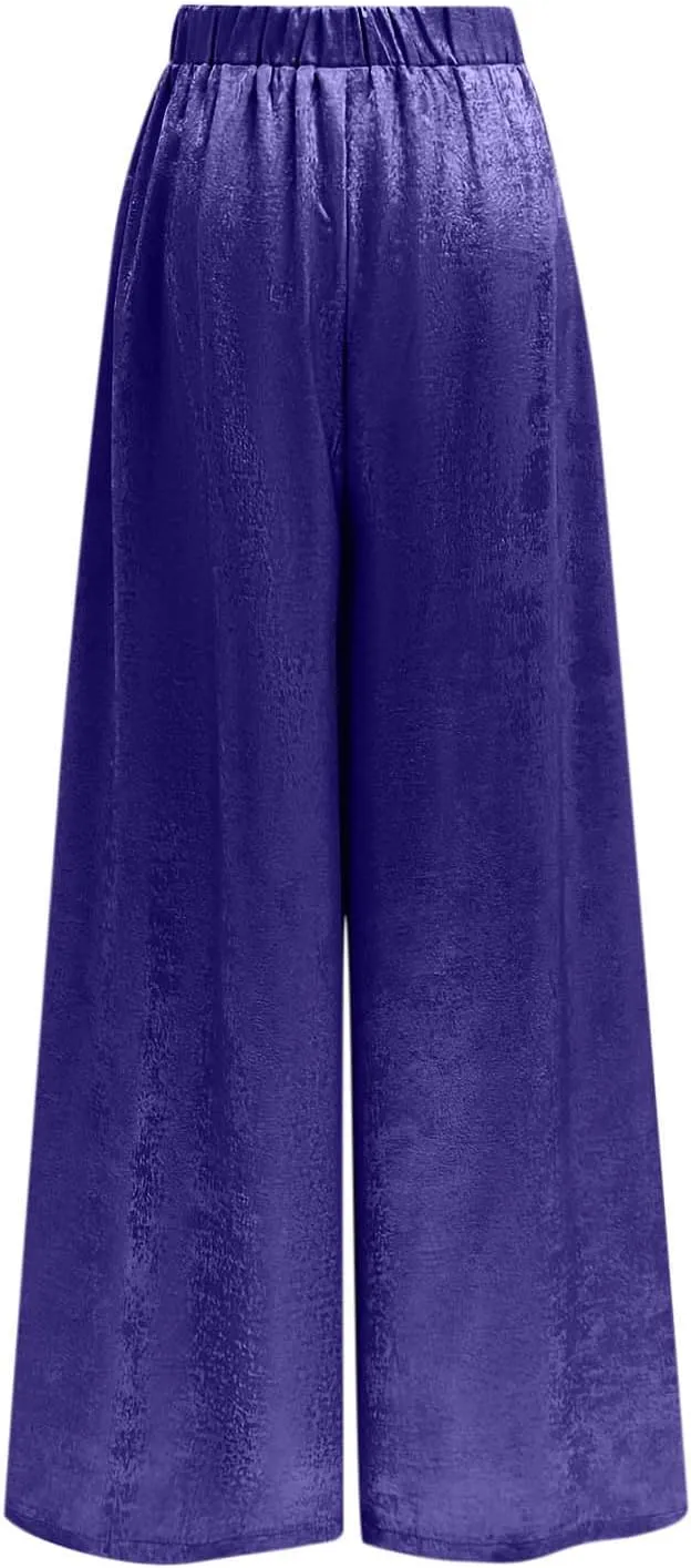Womens Casual Velvet Palazzo Pants Summer Trendy Wide Leg Pants Elastic High Waist Drawstring Trousers with Pockets