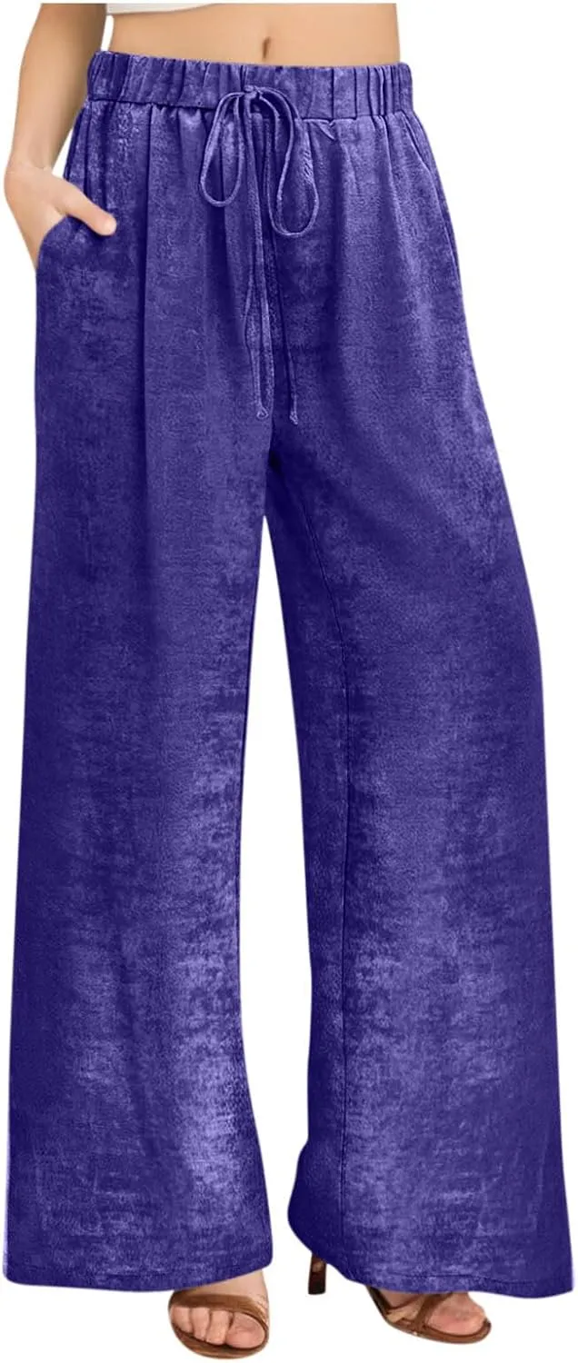 Womens Casual Velvet Palazzo Pants Summer Trendy Wide Leg Pants Elastic High Waist Drawstring Trousers with Pockets