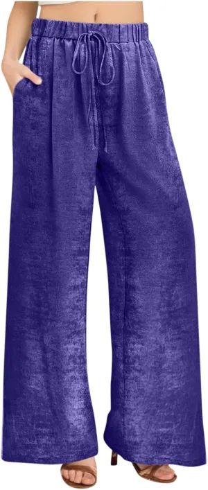 Womens Casual Velvet Palazzo Pants Summer Trendy Wide Leg Pants Elastic High Waist Drawstring Trousers with Pockets