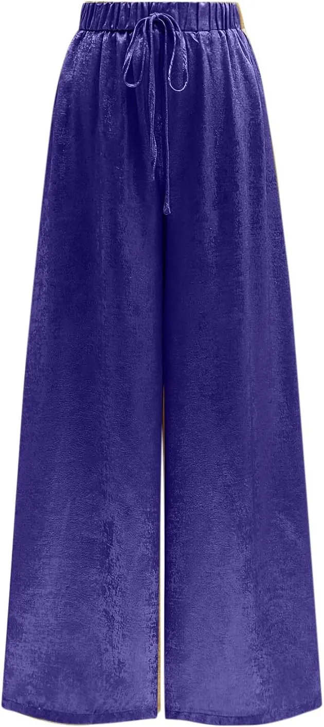 Womens Casual Velvet Palazzo Pants Summer Trendy Wide Leg Pants Elastic High Waist Drawstring Trousers with Pockets