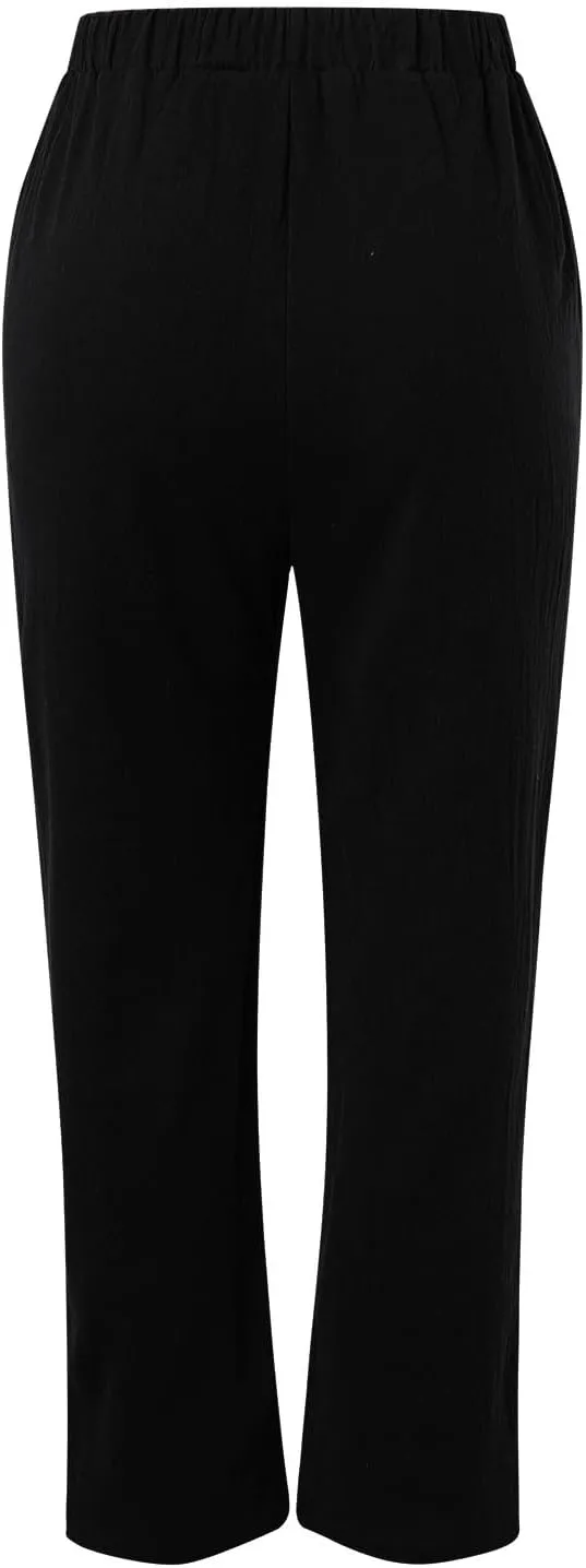 Womens Cotton Linen Summer Comfy Pants High Waist Wide Leg Slim-Fit Trousers Office