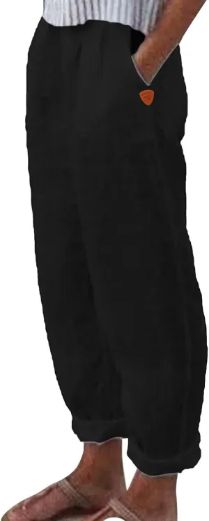 Womens Cotton Linen Summer Comfy Pants High Waist Wide Leg Slim-Fit Trousers Office
