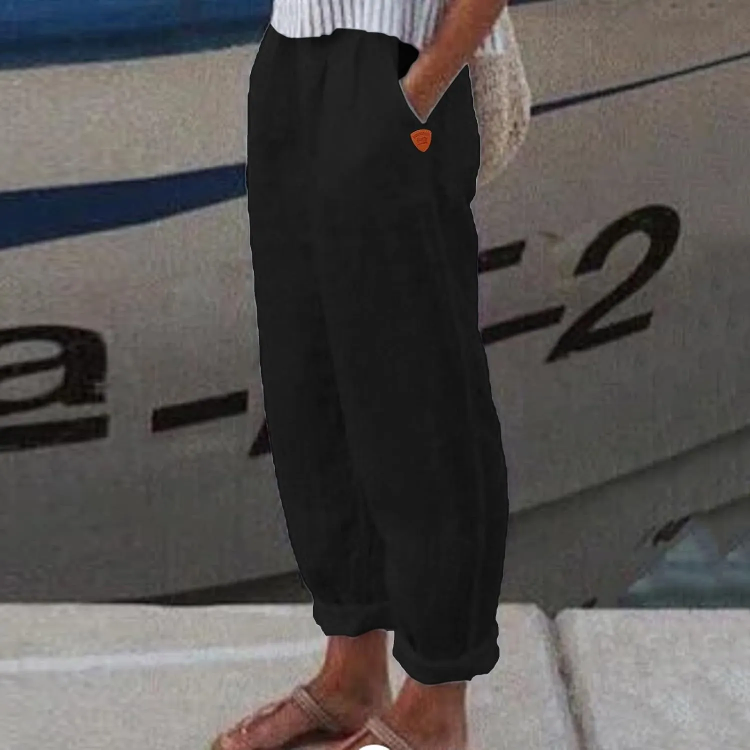 Womens Cotton Linen Summer Comfy Pants High Waist Wide Leg Slim-Fit Trousers Office