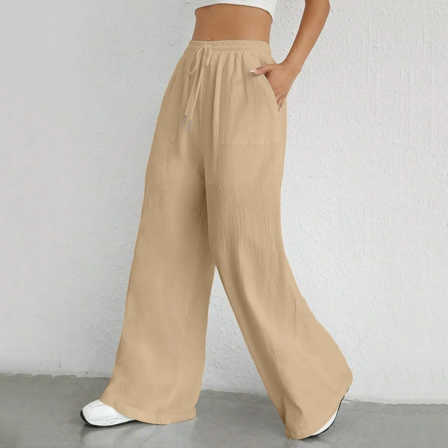 Women's Cotton Linen Summer Lightweigt Palazzo Lounge Pants Low Waist Ankle Length Slim-Fit Palazzo Lounge