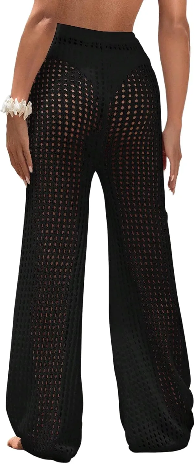 Women's Cover Up Beach Pants Hollow Out Drawstring High Elastic Waist Swimsuit Beach Cover Up Pants