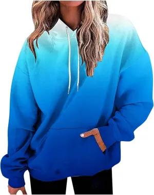 Womens Cute Sweatshirt Gradient Print Long Sleeve Drawstring Hoodies Pullover Oversized Y2K Tops Fashion Clothes with Pocket
