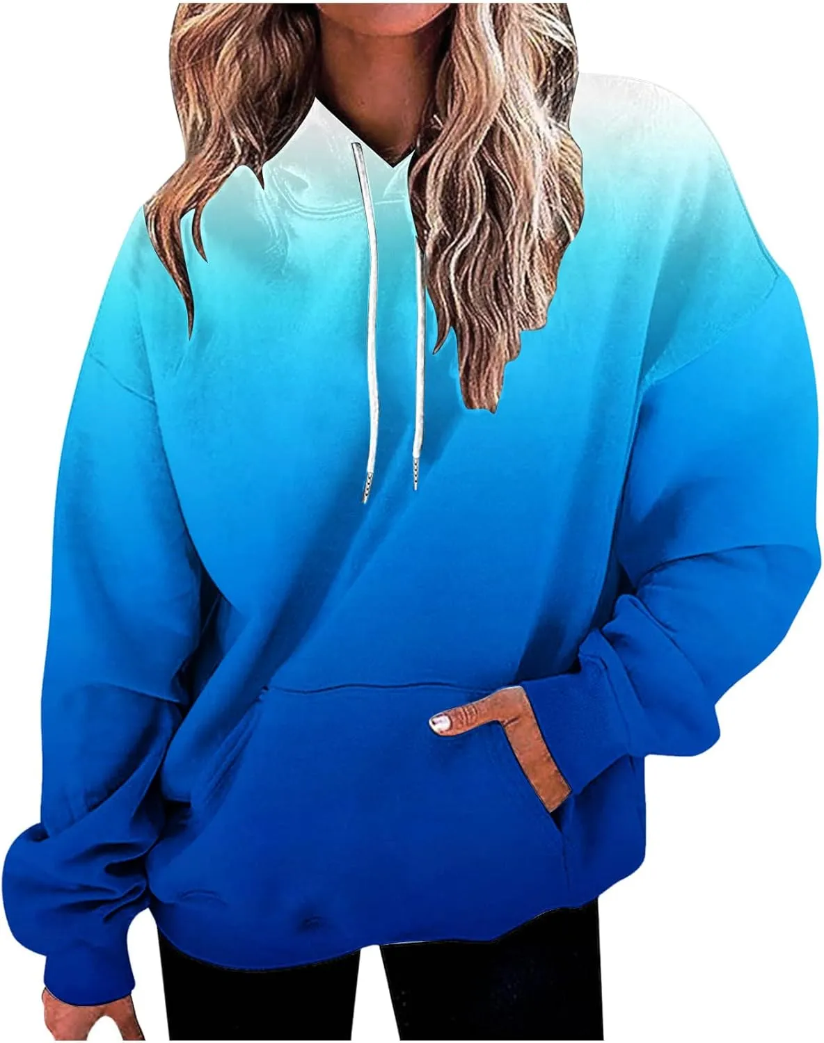 Womens Cute Sweatshirt Gradient Print Long Sleeve Drawstring Hoodies Pullover Oversized Y2K Tops Fashion Clothes with Pocket