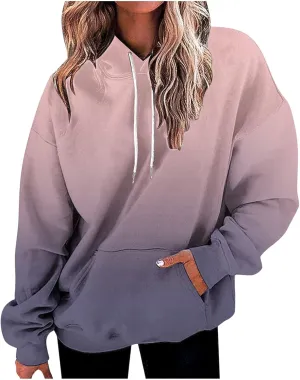 Womens Cute Sweatshirt Gradient Print Long Sleeve Drawstring Hoodies Pullover Oversized Y2K Tops Fashion Clothes with Pocket