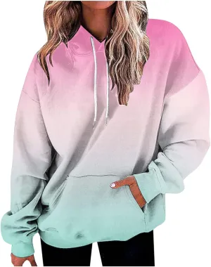 Womens Cute Sweatshirt Gradient Print Long Sleeve Drawstring Hoodies Pullover Oversized Y2K Tops Fashion Clothes with Pocket