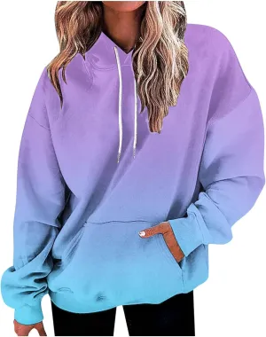 Womens Cute Sweatshirt Gradient Print Long Sleeve Drawstring Hoodies Pullover Oversized Y2K Tops Fashion Clothes with Pocket