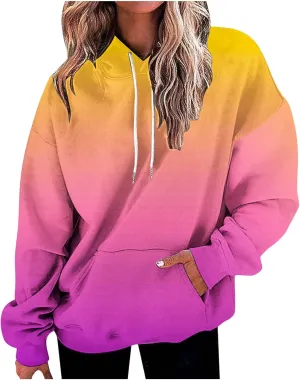 Womens Cute Sweatshirt Gradient Print Long Sleeve Drawstring Hoodies Pullover Oversized Y2K Tops Fashion Clothes with Pocket