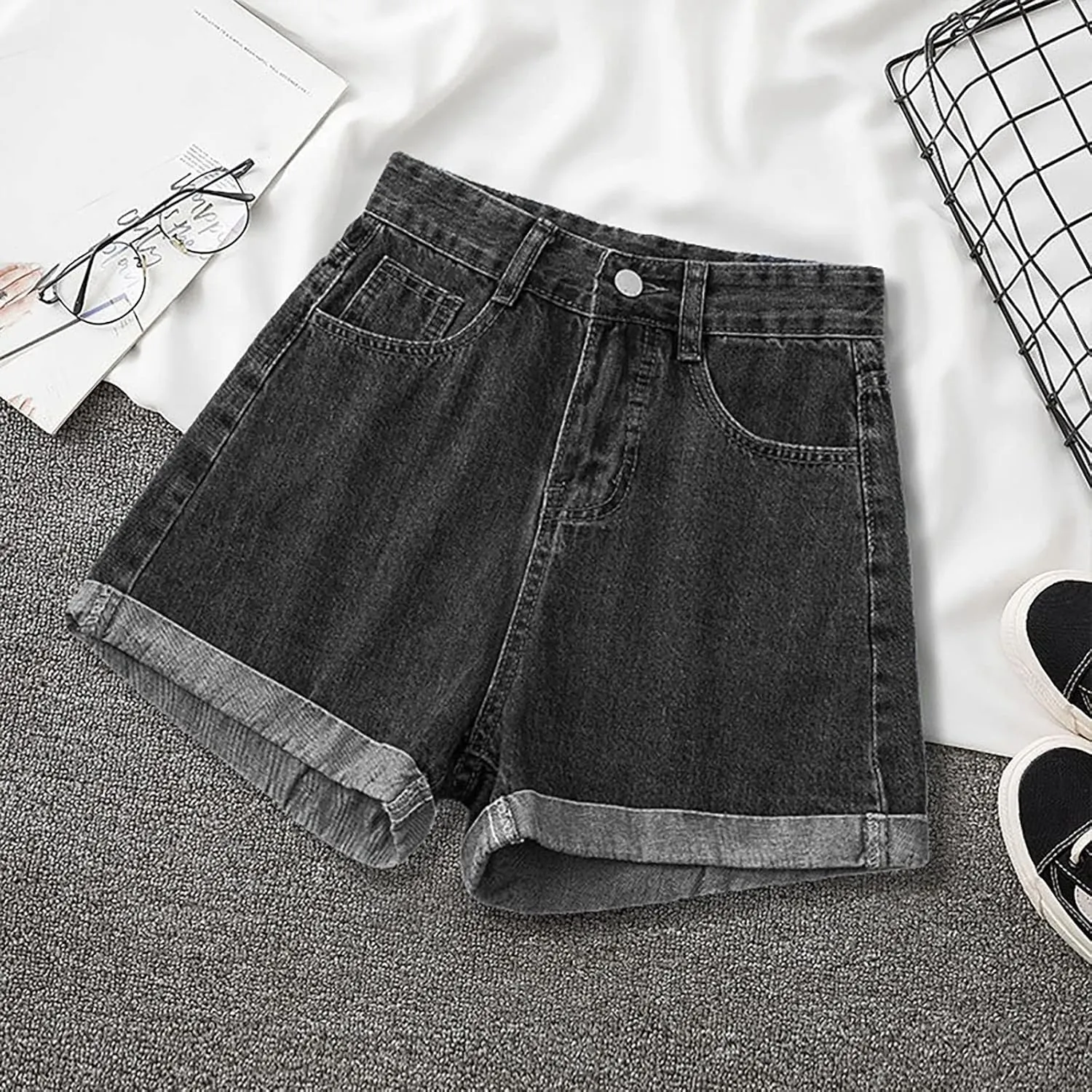 Womens Denim Shorts High Waisted Stretchy Cuffed Jean Shorts Casual Rolled Cuff Cut Off Jeans Short Summer Beach Pants