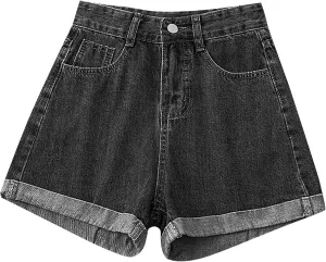 Womens Denim Shorts High Waisted Stretchy Cuffed Jean Shorts Casual Rolled Cuff Cut Off Jeans Short Summer Beach Pants