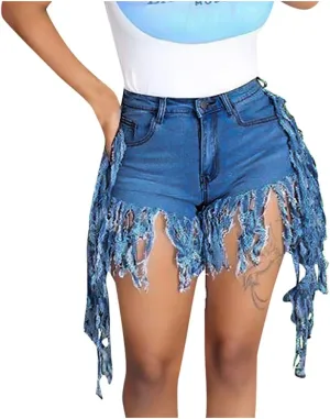Women's Denim Shorts High Waisted Summer Trendy Stretchy Tassels Frayed Raw Hem Short Jeans Clubwear Sexy Hot Shorts