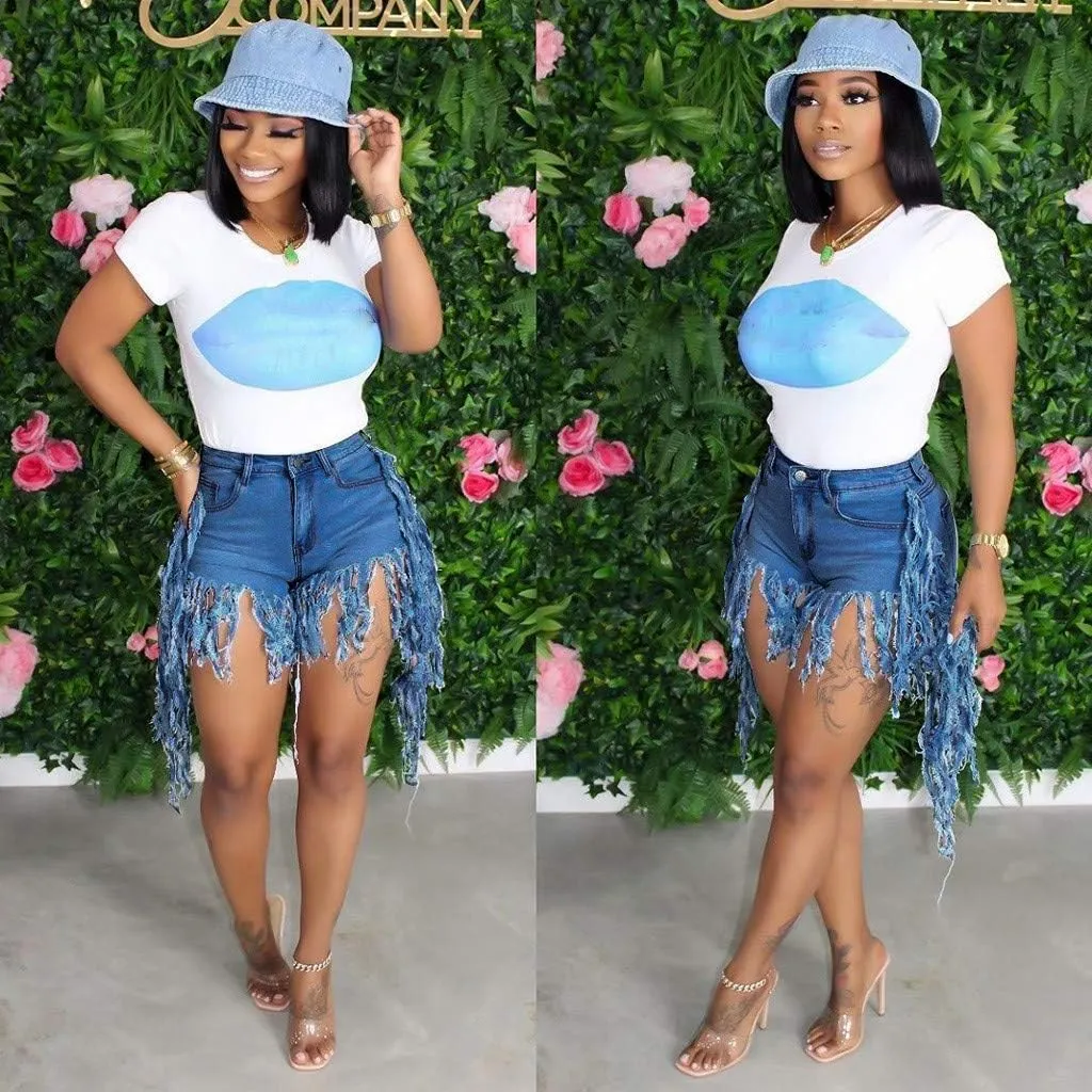 Women's Denim Shorts High Waisted Summer Trendy Stretchy Tassels Frayed Raw Hem Short Jeans Clubwear Sexy Hot Shorts