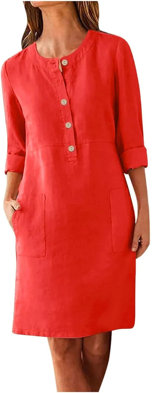 Women's Dresses Summer 2024 Dresses Casual Loose Solid Color Round Neck Short Sleeve Button Dresses, S-5XL