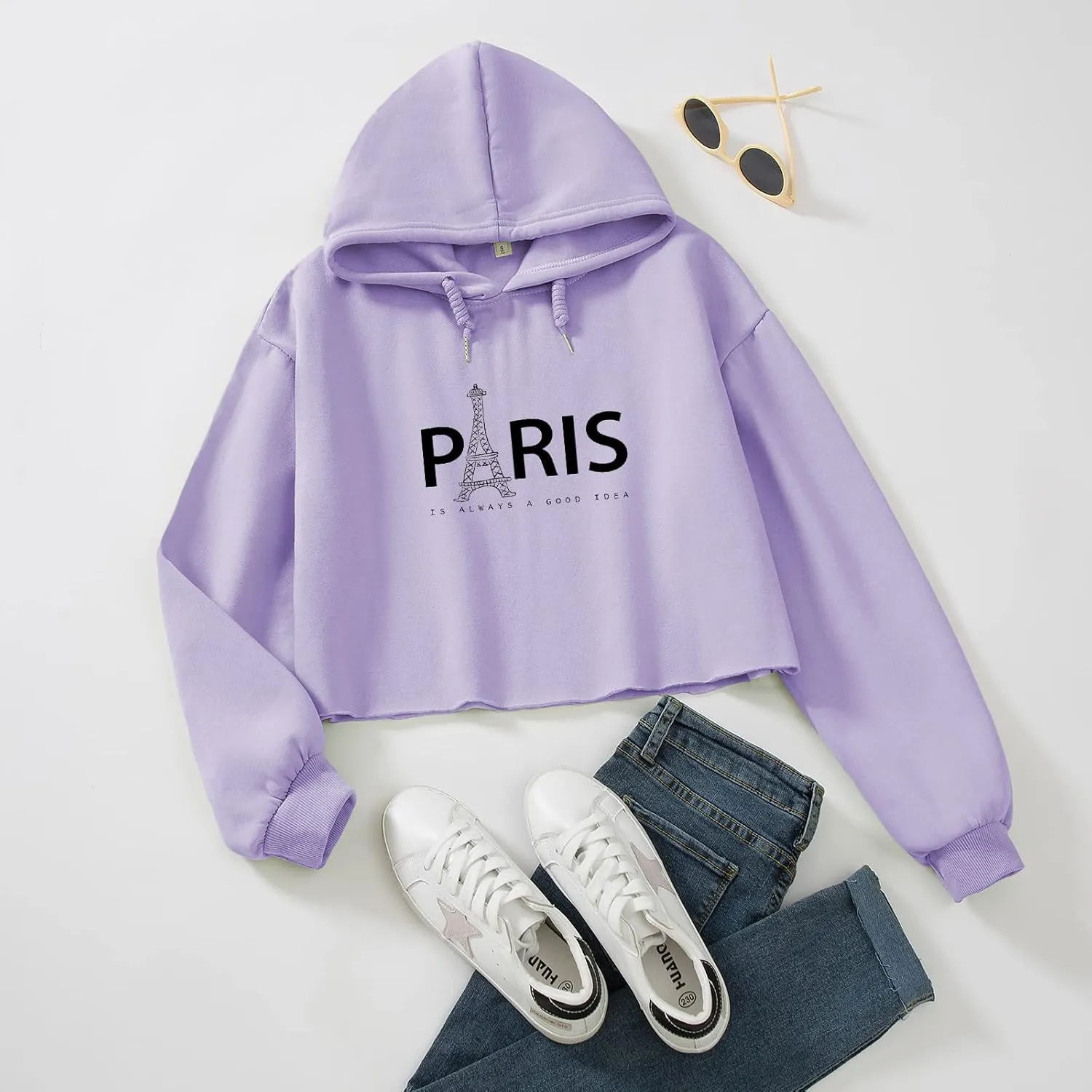 Womens Fashion Crop Sweatshirt Letter Print Hoodies Girls Y2k Cotton Oversized Cropped Pullover Paris Tower Graphic