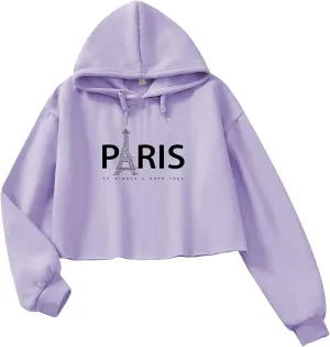 Womens Fashion Crop Sweatshirt Letter Print Hoodies Girls Y2k Cotton Oversized Cropped Pullover Paris Tower Graphic