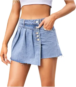 Women's Fashion Demin Shorts High Waisted Stretchy Jeans Casual Summer Hot Button Pleated Skirt Fashion Denim Shorts
