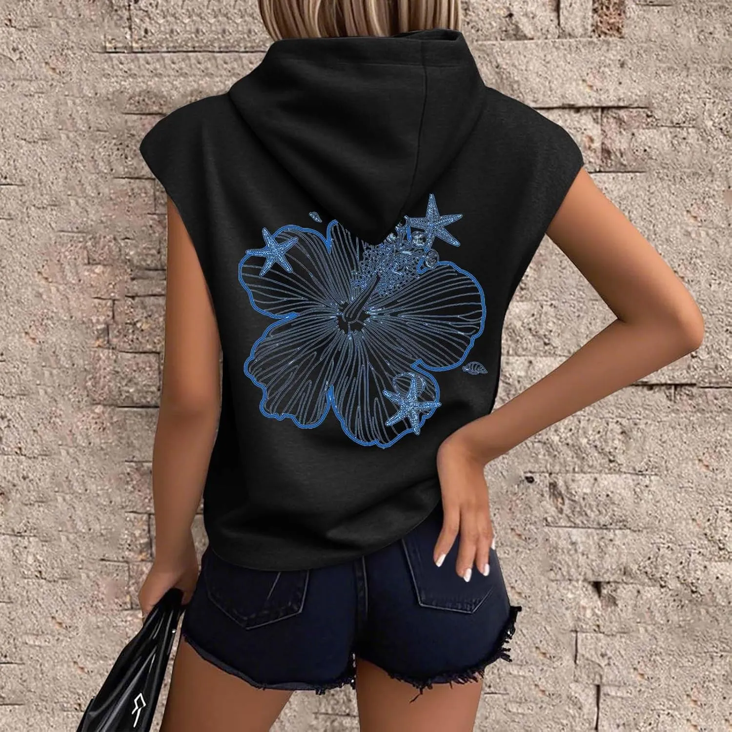Womens Hawaii Hooded Tank Top,Palm Graphic Print Cap Sleeve Athletic Exercise Loose Fit Casual Oversized Hoodie Vest