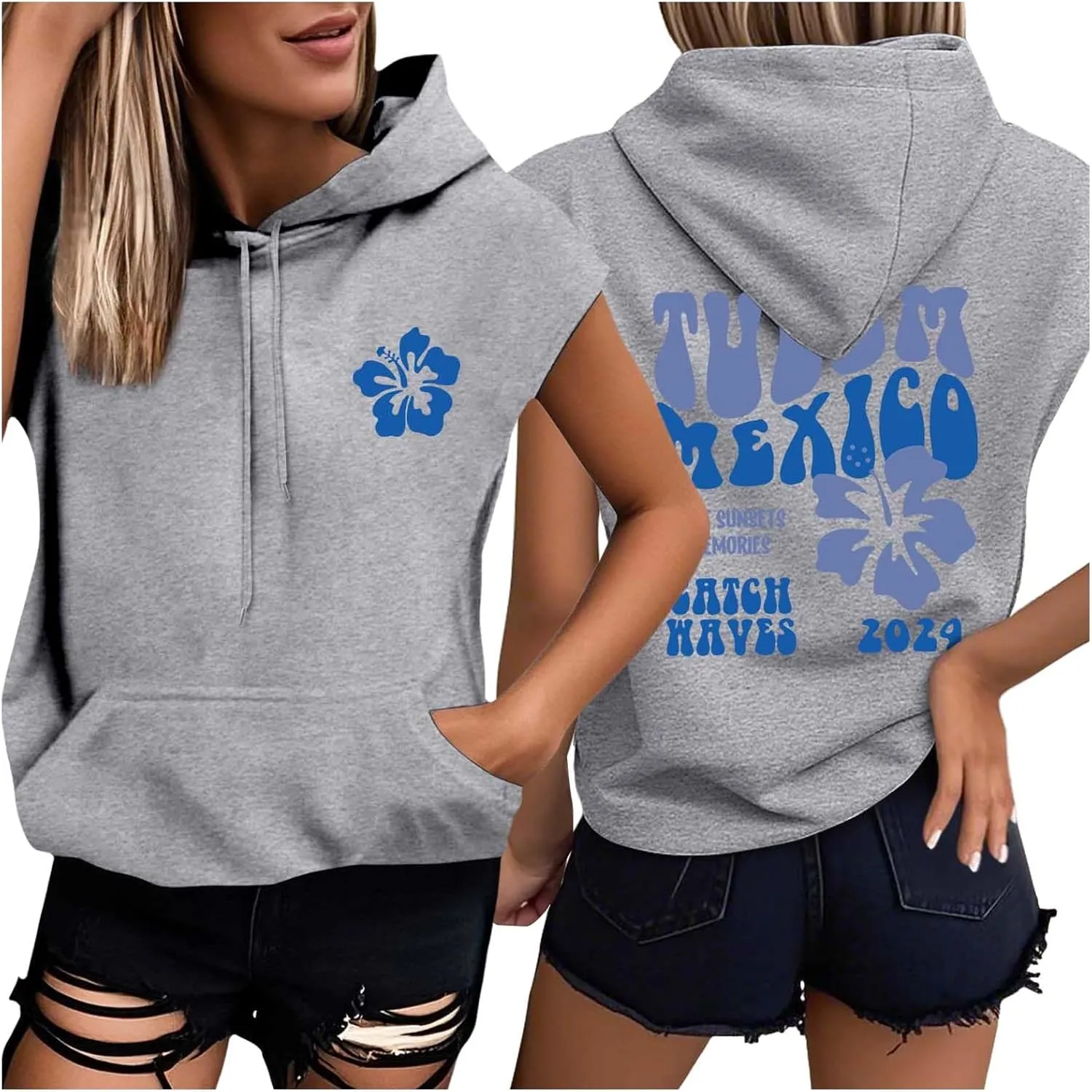 Womens Hawaii Hooded Tank Top,Palm Graphic Print Cap Sleeve Athletic Exercise Loose Fit Casual Oversized Hoodie Vest