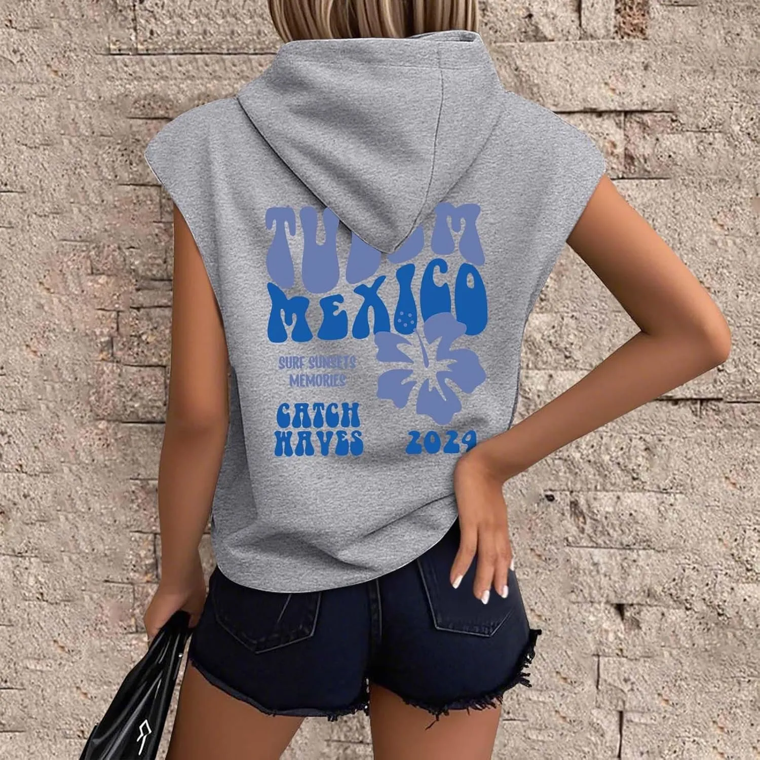 Womens Hawaii Hooded Tank Top,Palm Graphic Print Cap Sleeve Athletic Exercise Loose Fit Casual Oversized Hoodie Vest