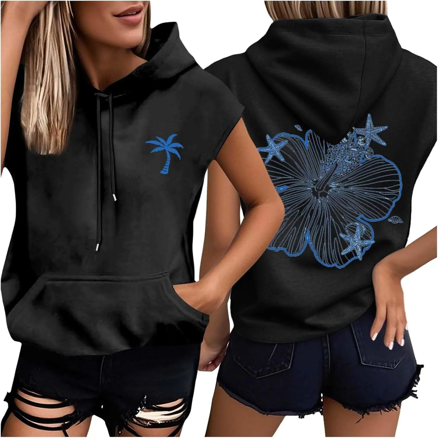 Womens Hawaii Hooded Tank Top,Palm Graphic Print Cap Sleeve Athletic Exercise Loose Fit Casual Oversized Hoodie Vest