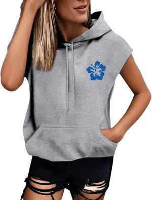 Womens Hawaii Hooded Tank Top,Palm Graphic Print Cap Sleeve Athletic Exercise Loose Fit Casual Oversized Hoodie Vest
