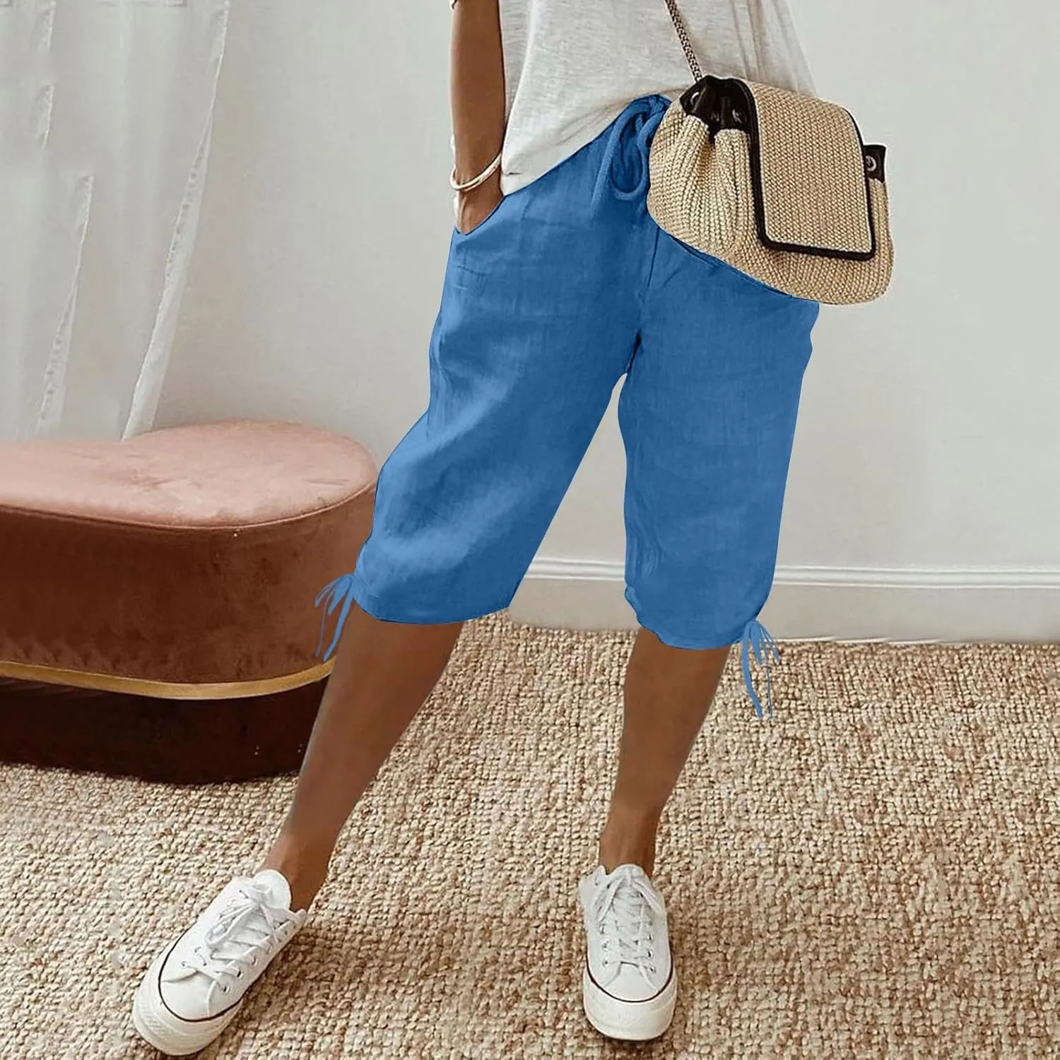 Women's High Waist Shorts Women's Elastic Waist Casual Comfy Cotton Beach Shorts Drawstring Elastic Waist Short