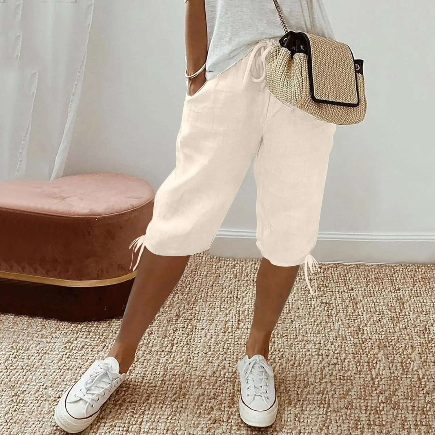 Women's High Waist Shorts Women's Elastic Waist Casual Comfy Cotton Beach Shorts Drawstring Elastic Waist Short