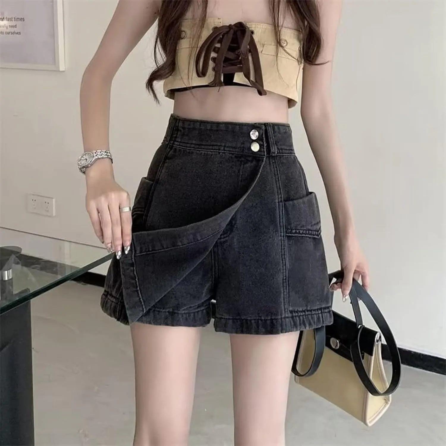 Womens High Waisted Denim Shorts Button Mini Casual Stretchy Summer Jeans Hem Skirt Shorts with Pockets 2025