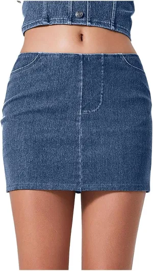 Women's High Waisted Denim Skort Solid Color Jeans Wrapped Shorts Side Pocket Cowboy Skorts Summer Bodycon Short