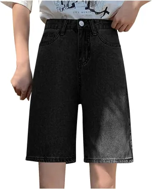 Women's High Waisted Knee Length Denim Shorts Button Adjustable Waist Shorts Bermuda Long Jean Pants Streetwear