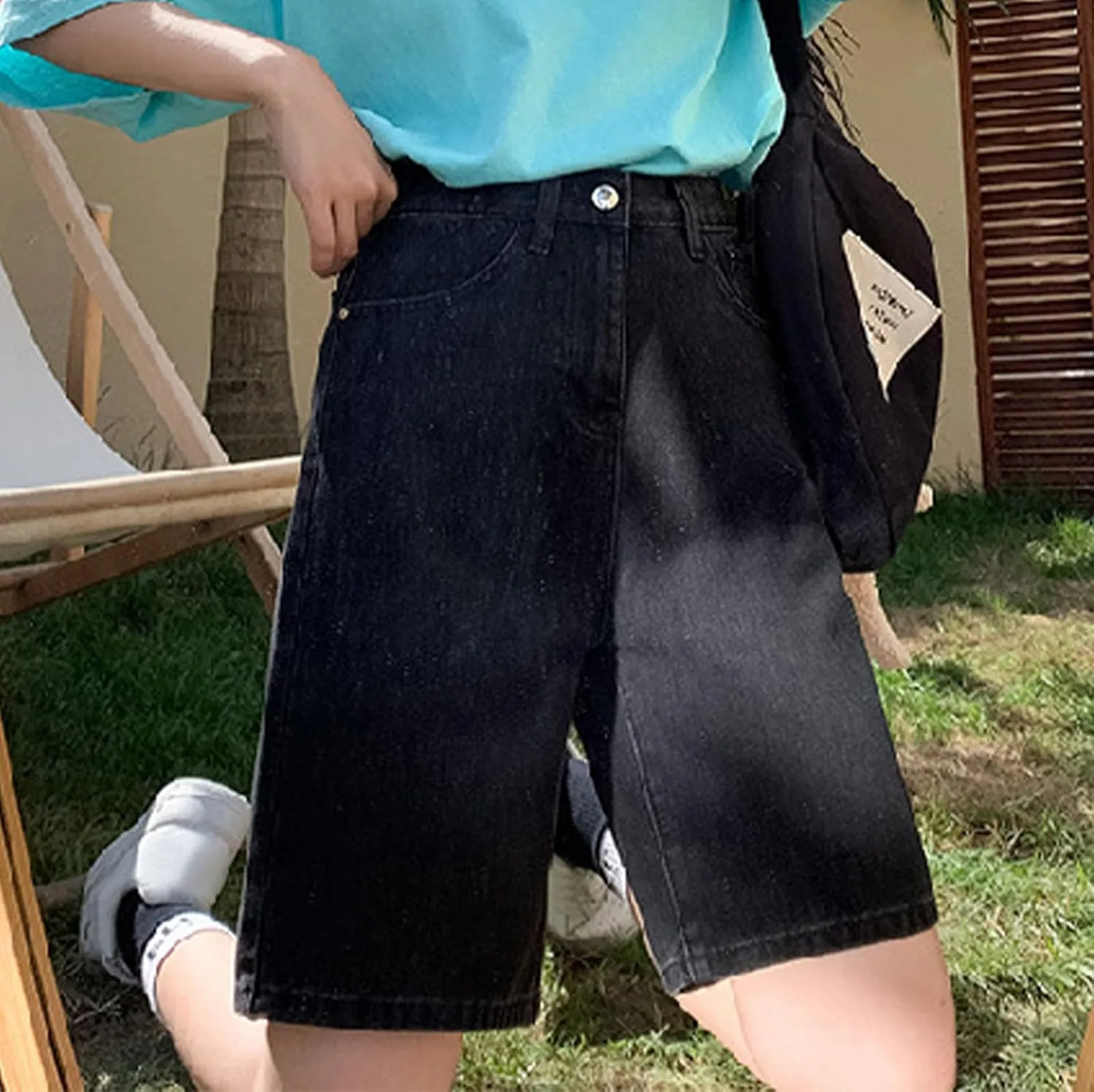 Women's High Waisted Knee Length Denim Shorts Button Adjustable Waist Shorts Bermuda Long Jean Pants Streetwear