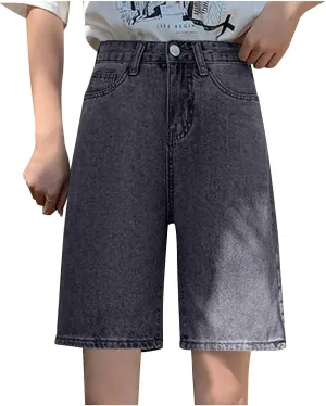 Women's High Waisted Knee Length Denim Shorts Button Adjustable Waist Shorts Bermuda Long Jean Pants Streetwear