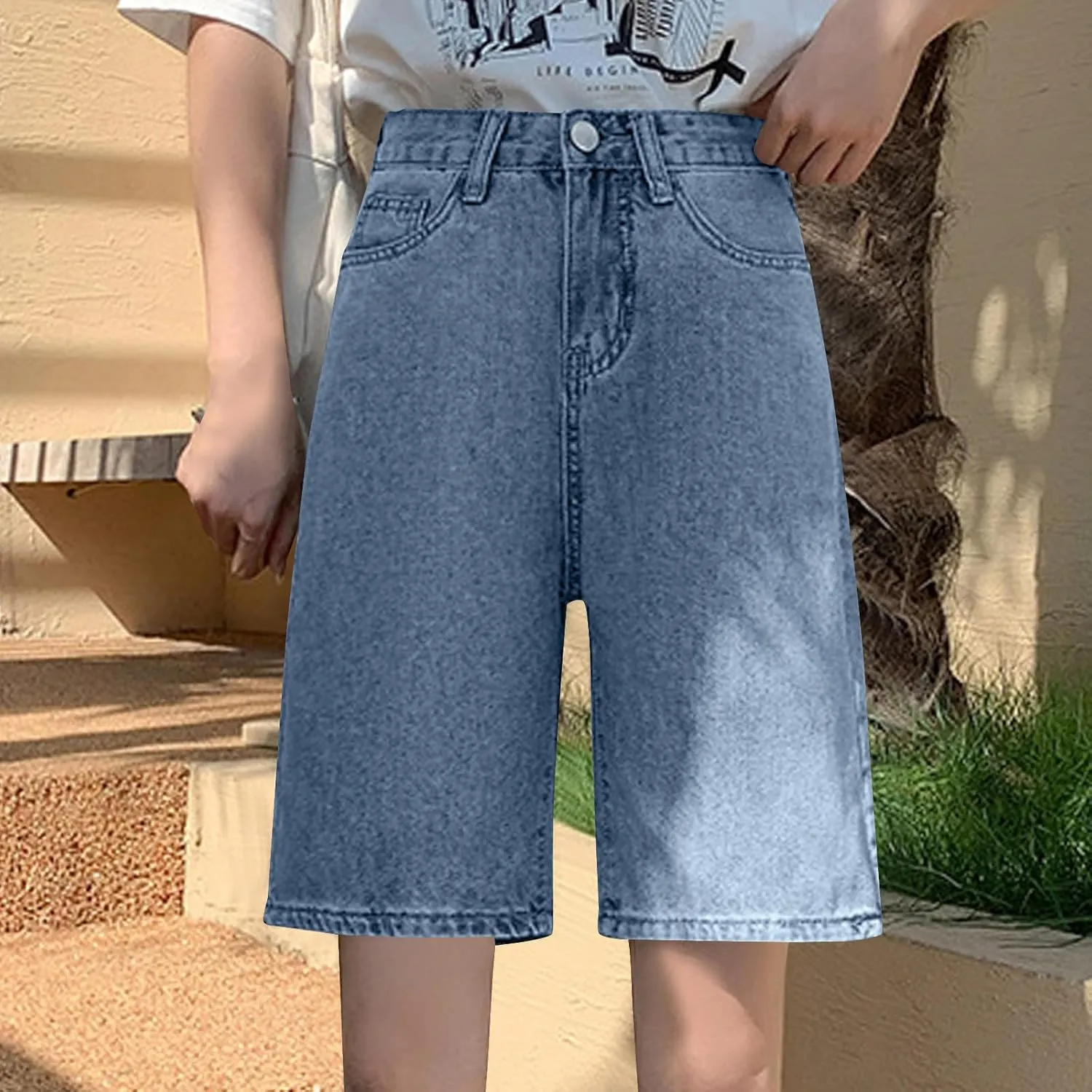 Women's High Waisted Knee Length Denim Shorts Button Adjustable Waist Shorts Bermuda Long Jean Pants Streetwear